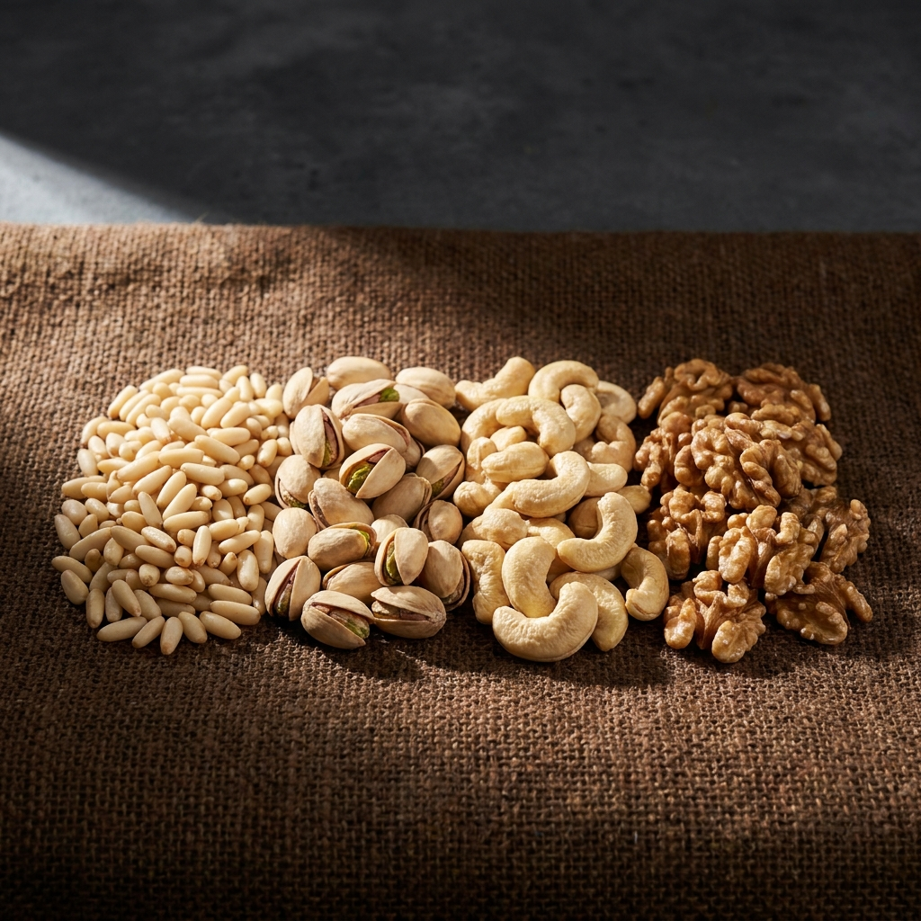 Nuts and dry fruits — pine nuts, pistachios, cashews, walnuts