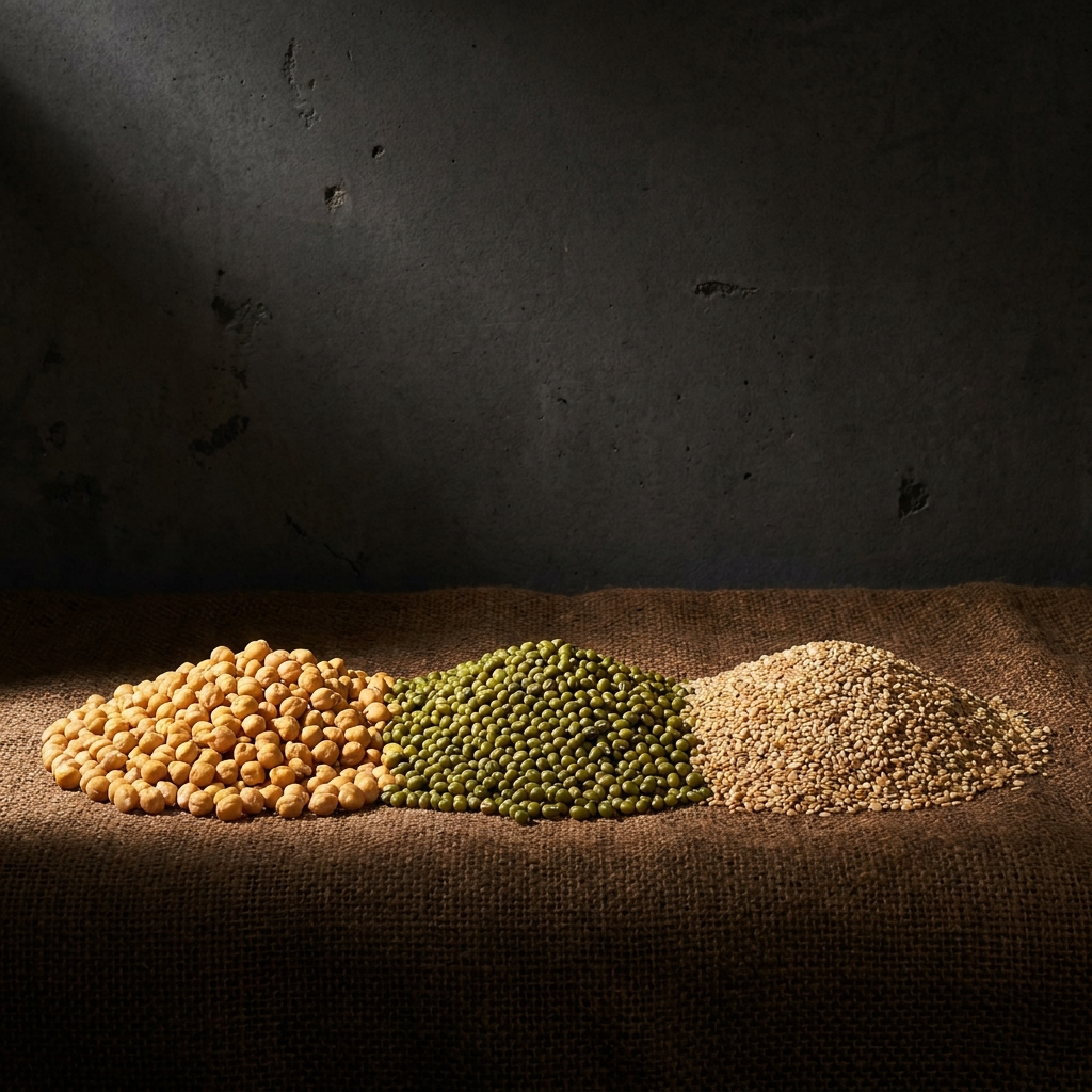 Pulses and grains — chickpeas, yellow peas, mung, sesame