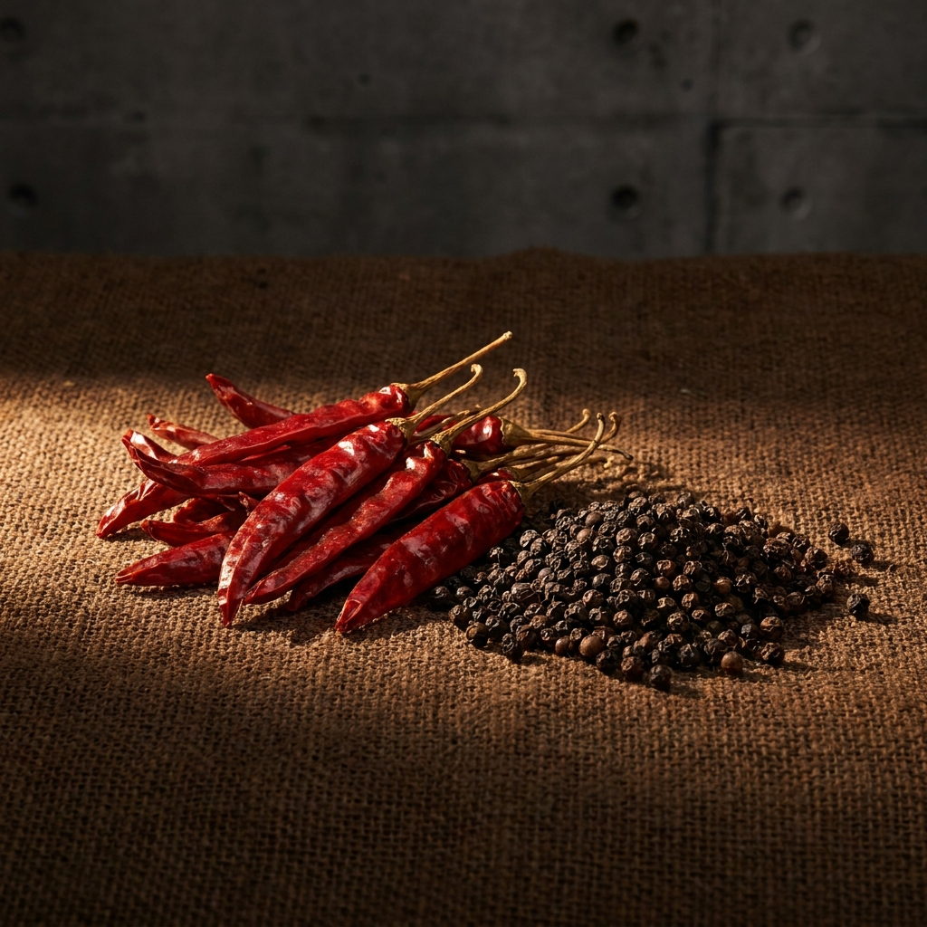 Spices — white pepper, red chilli, mustard, black pepper